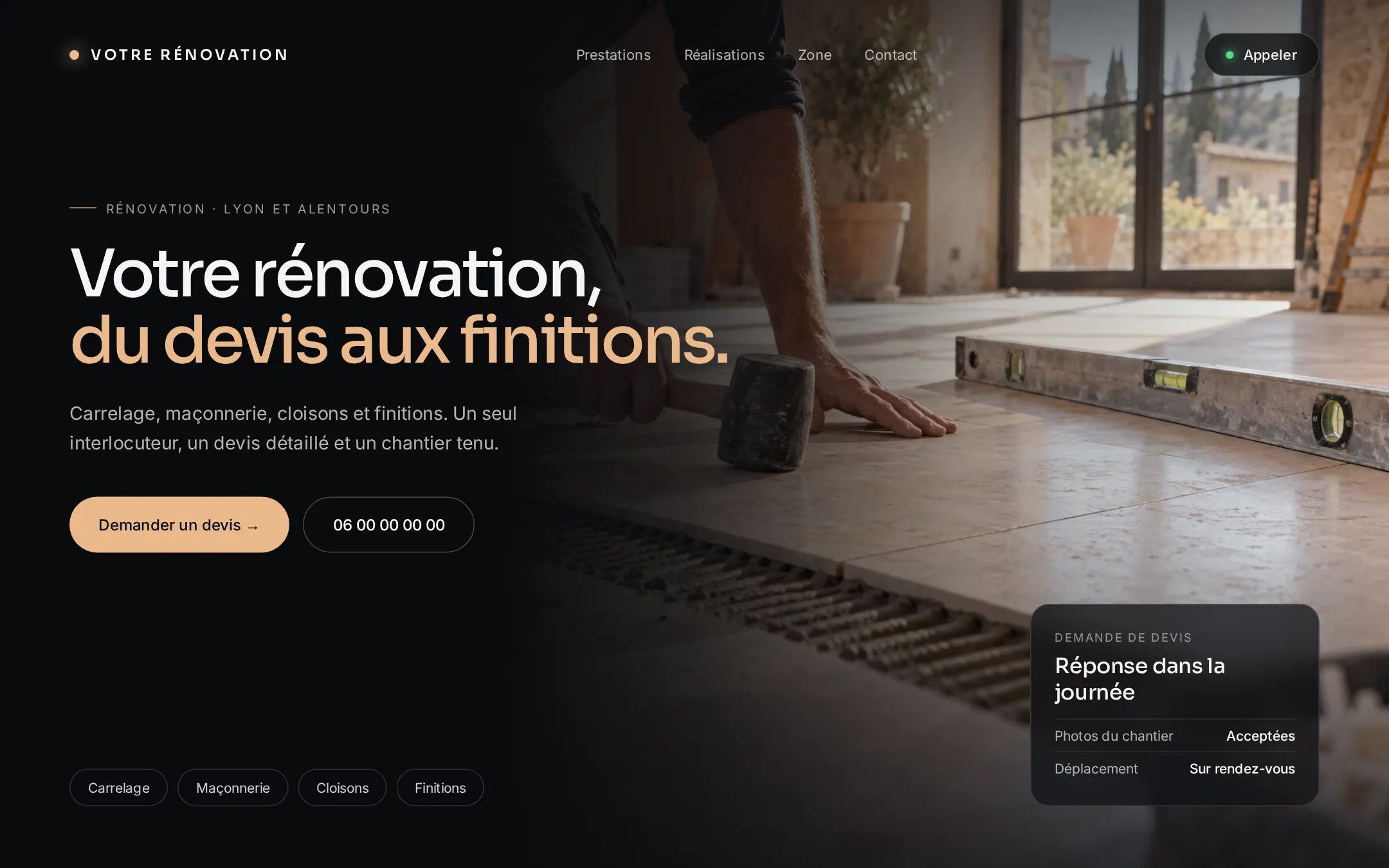 Exemple de maquette de site internet pour artisan du bâtiment, haut de page
