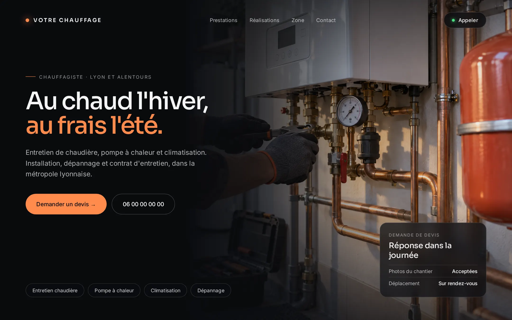 Exemple de maquette de site internet pour chauffagiste, haut de page