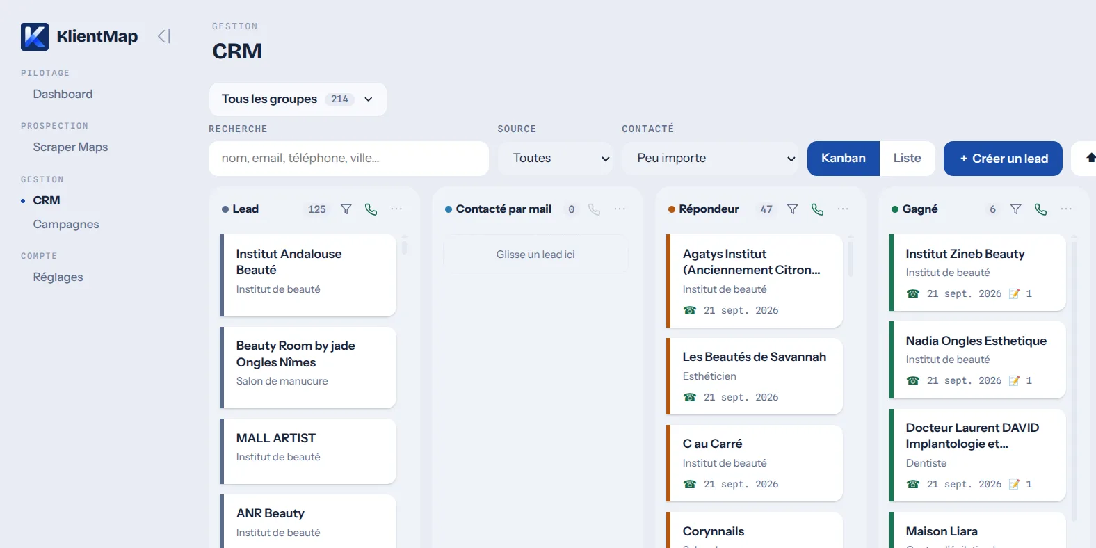 Application KlientMap : le CRM en vue kanban, leads rangés par statut