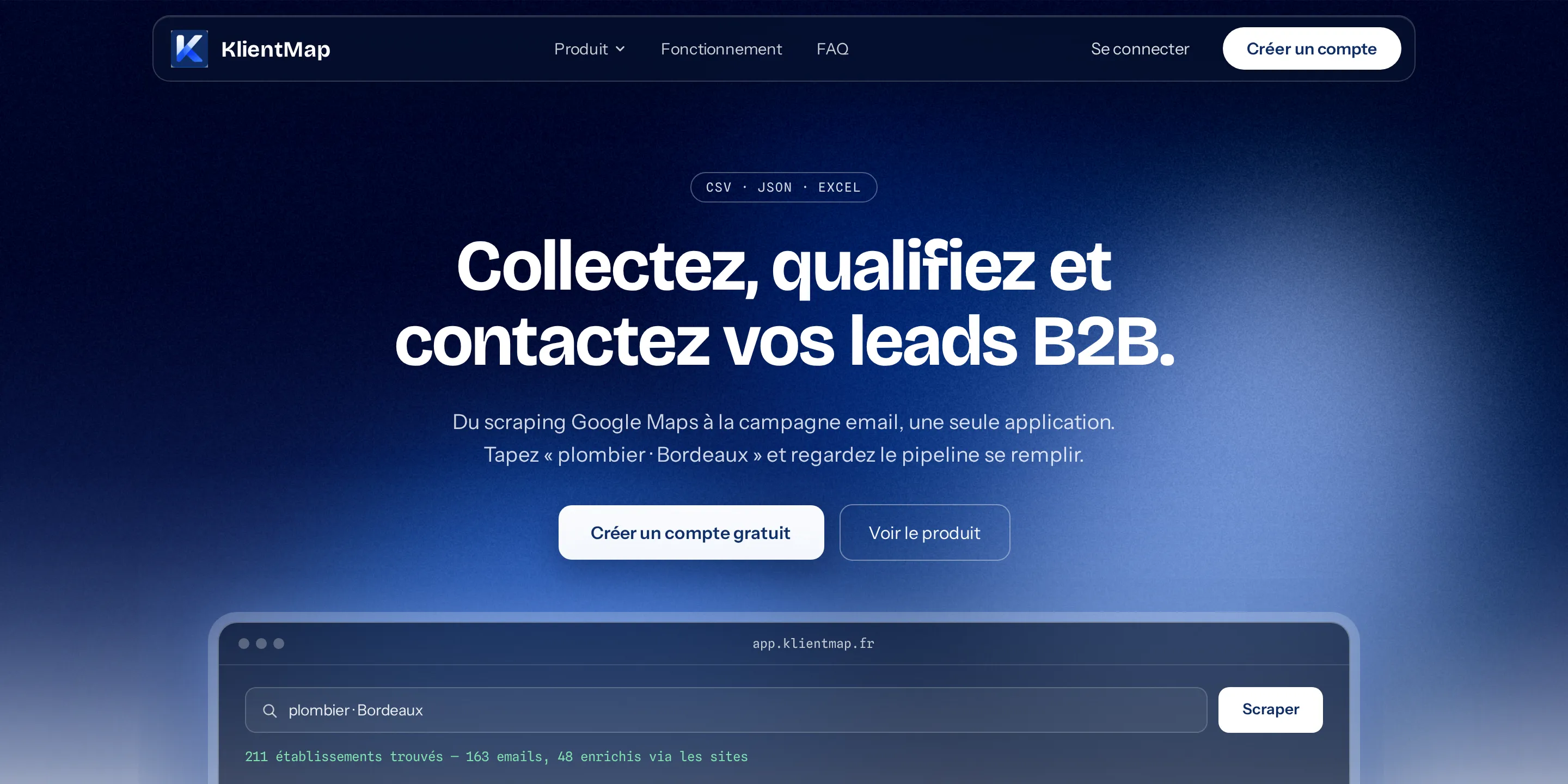 Landing de KlientMap, outil saas de prospection b2b : « Collectez, qualifiez et contactez vos leads B2B. »